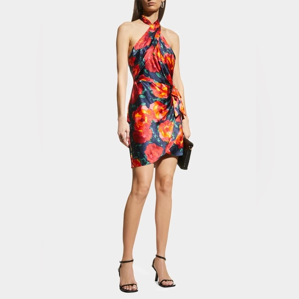 Cinq à Sept Trini Satin Floral Halter Neck Mini Wrap Dress, Size 2